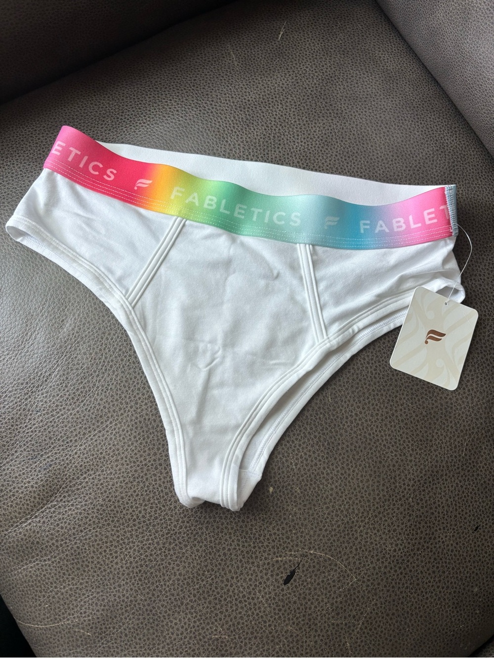 NWT Fabletics White Women’s Cheeky Panties Rainbow Pride Logo Waistband